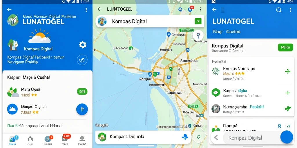 Antarmuka utama LUNATOGEL menampilkan kompas digital dengan akurasi tinggi.